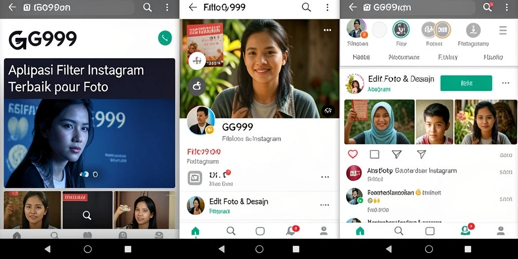 Antarmuka GG999 yang intuitif dengan pilihan filter Instagram.