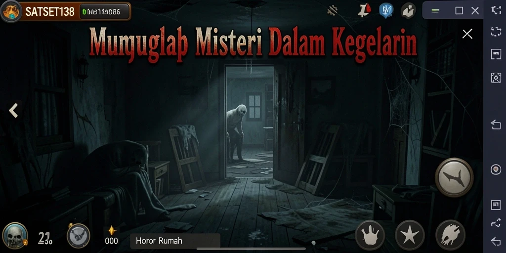 Tampilan antarmuka menegangkan dari SATSET138 saat menjelajahi rumah horor.