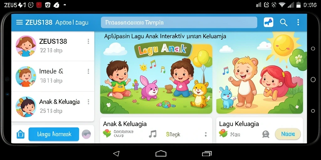 Tampilan utama aplikasi ZEUS138 dengan berbagai lagu anak yang ceria.